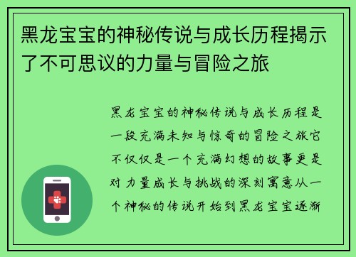 黑龙宝宝的神秘传说与成长历程揭示了不可思议的力量与冒险之旅 黑龙宝宝的神秘传说与成长历程揭示了不可思议的力量与冒险之旅